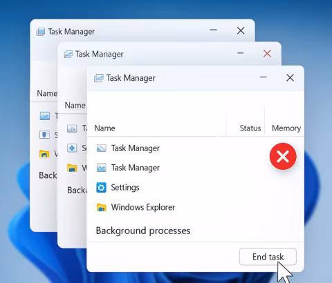 Screenshots showing the Task Manager interface on Windows 11, illustrating a duplication bug.