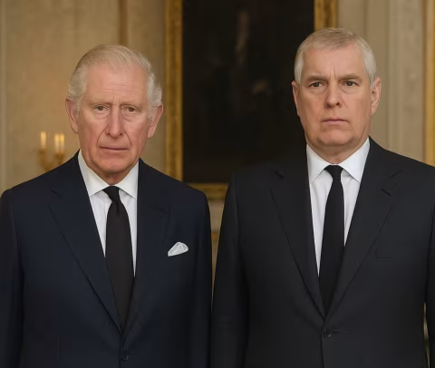 Two mature men in dark suits stand together, positioned against a background of ornate paneling.