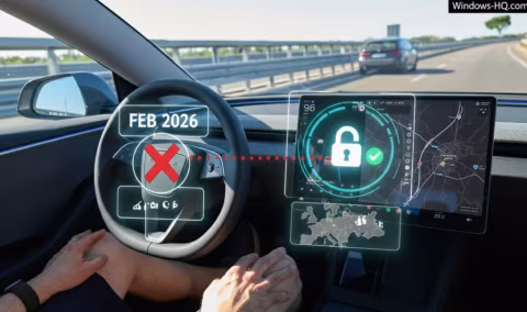 Interior of a car showing a dashboard with digital displays and a steering wheel displaying 'FEB 2026'.