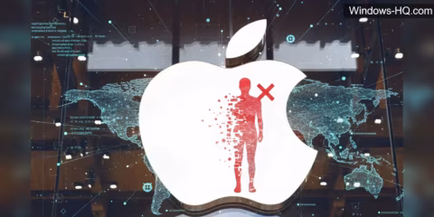 A silhouette of a person with a large red 'X' marked over it, placed within the shape of an Apple logo, against a world map background.