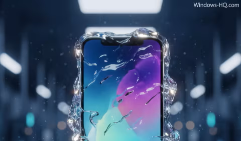 A smartphone encased in liquid glass displayed against a blurred, futuristic backdrop.