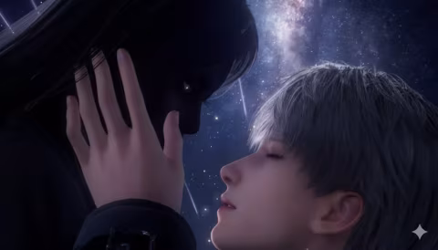A dark-haired woman stands close to a man with light hair, viewing a starry night sky.