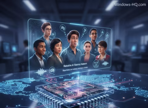 Group of people around a glowing processor chip display, illustrating AI technology.