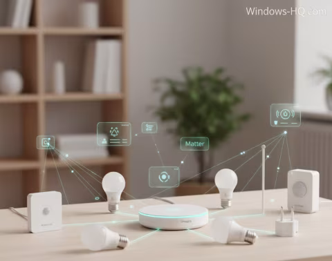 Collection of smart home devices arranged on a wooden surface with overlaid graphic elements representing connectivity.