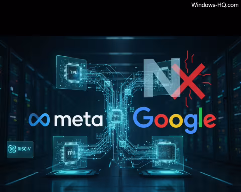 Diagram showing Meta and Google logos connected by complex circuitry, with an 'NX' graphic marked with a red 'X'.