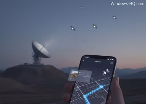 Smartphone displaying a digital map interface in a desert setting, with large satellite dish visible in the background.