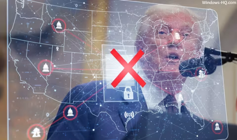 Donald Trump speaking in front of a graphic showing the United States map with various icons.