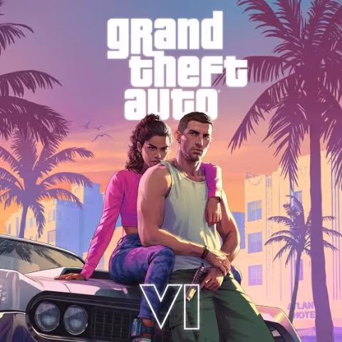 Two men posing with a video game theme, featuring logos for Grand Theft Auto VI and Rockstar Games.