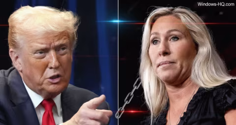 Split image showing Donald Trump speaking and Marjorie Taylor Greene looking off-camera.