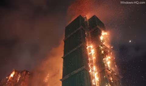 A large building on fire at night, with smoke filling the air and a visible moon.