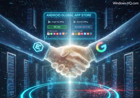 Two hands shaking over a digital screen showing Android Global App Store information.
