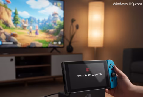 Hands holding a Nintendo Switch controller docked to a system showing 'ACCESSORY NOT SUPPORTED'.
