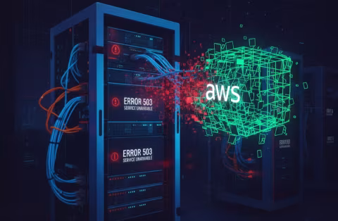 Server racks with error messages and abstract green digital data flow.