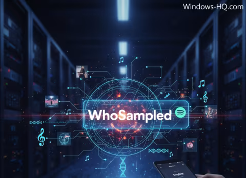 Digital diagram with the text WhoSampled centered in a glowing blue circle. The diagram contains musical notes, waveforms, and icons.