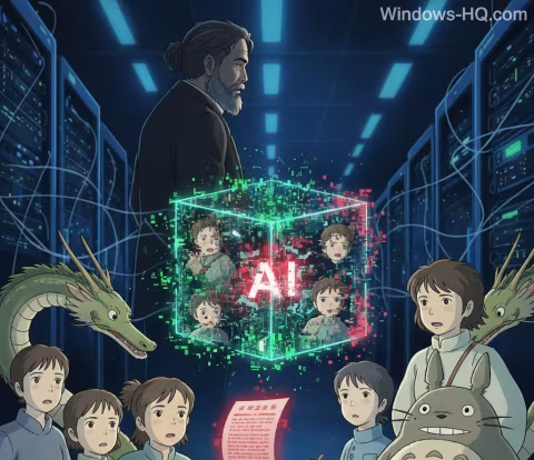 An anime illustration of a man and several children surrounded by technological glowing patterns.