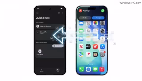 Diagram comparing data transfer between Android's Quick Share and Apple's AirDrop interfaces.