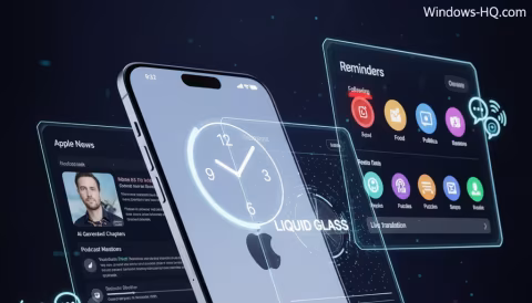 Multiple iPhones displaying a stylized user interface with clock face, reminders, and news articles.