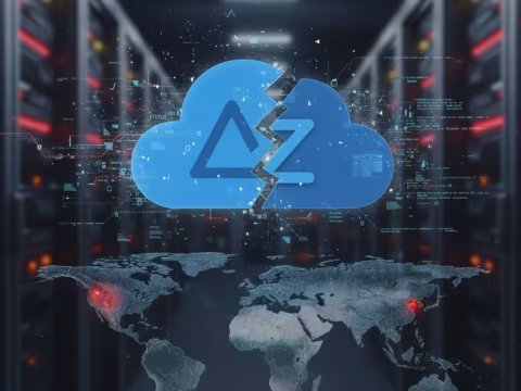 Two blue cloud shapes overlaying a world map with data streams and digital interface elements.