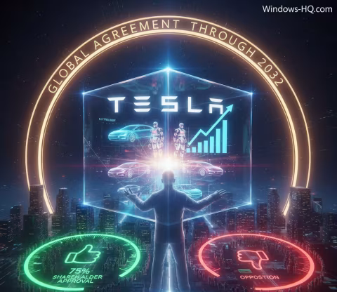 A futuristic graphic with the text 'GLOBAL AGREEMENT THROUGH 2032' surrounding a central diagram featuring the Tesla logo and cars.