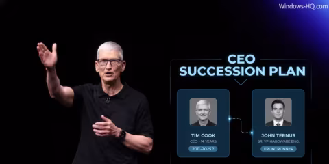 Tim Cook standing and gesturing on the left, next to a diagram detailing a CEO succession plan on the right.