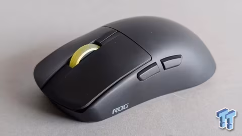 A dark gray gaming mouse with a yellow scroll wheel and ROG branding.