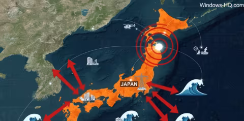 Map showing Japan with a concentric red circle highlighting Northern Japan, and red arrows pointing across the ocean.
