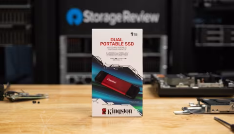 Product box showing a Kingston Dual Portable SSD 1TB storage device.