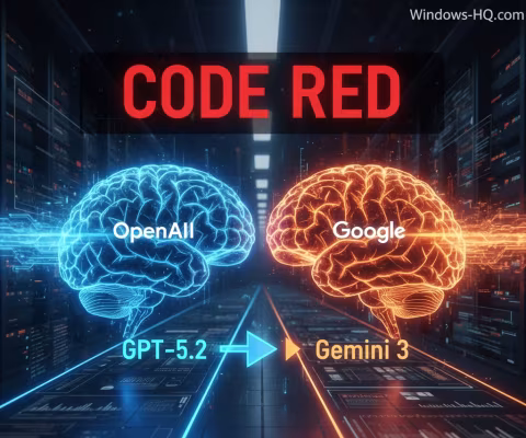 Digital visualization comparing OpenAI's GPT-5.2 and Google's Gemini 3 models, featuring the text 'CODE RED'.