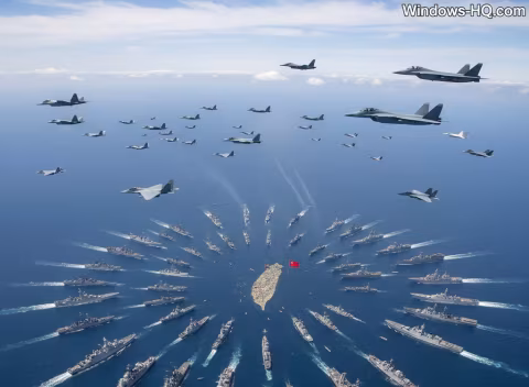 Multiple aircraft and naval ships form a large formation on the blue sea, with a small landmass in the center.
