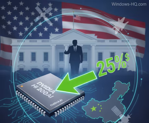Computer chip labeled NVIDIA H200AI placed in front of the U.S. Capitol Building with American and Chinese flags visible.