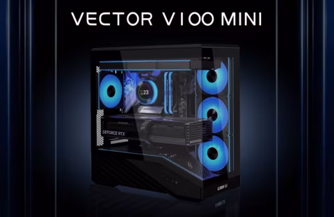 A black computer case, the Lian Li Vector V100 Mini, with glass panels and multiple visible fans.