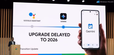 Presentation slide showing Google Assistant next to Gemini, with text stating 'Upgrade Delayed to 2026'.