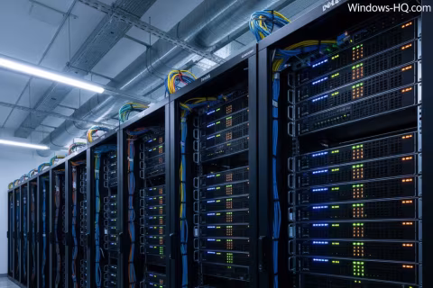 Rows of large black server racks filled with glowing electronic equipment and cables in a data center room.