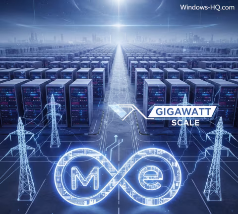 A futuristic depiction of a large data center with glowing representations of currency and electricity.