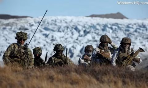Military personnel in camouflage crouch in tall grass against a snowy mountain background.