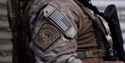 Close-up of a person's camouflage uniform sleeve with U.S. Border Patrol patches.