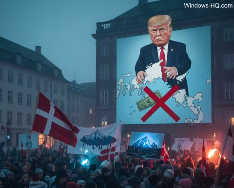 Large digital billboard features Donald Trump superimposed onto a map of Greenland. The scene is set in a public square with protest signs and flags.