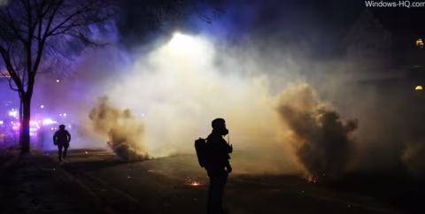 A silhouette of a person holding a weapon stands amid smoke and haze, with figures in uniforms visible in the background.