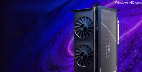 A black graphics card with two fans is displayed against a deep purple background.