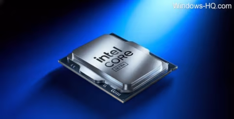 Close-up view of a silver CPU chip featuring the Intel Core Ultra logo.