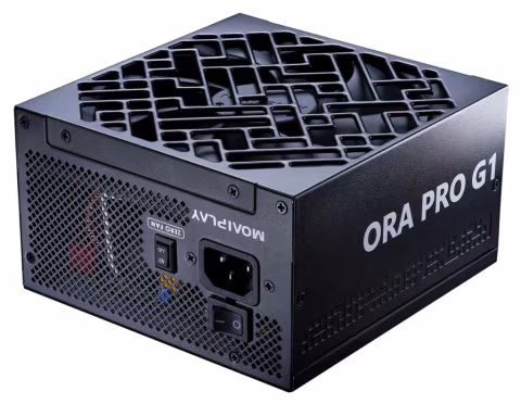 A black, rectangular power supply unit with visible cooling fins and ports labeled MOAIPLAY.