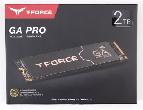 Black product box and solid-state drive labelled GA PRO, showing a 2TB capacity.