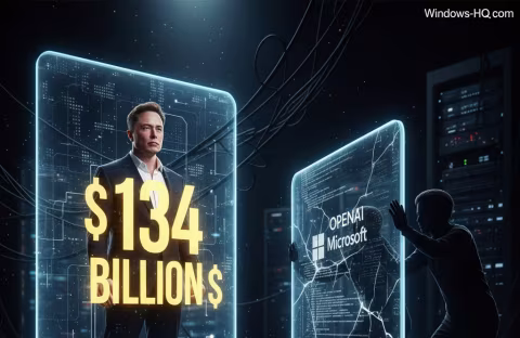 A man stands next to a digital display showing $134 Billion and a modern interface displays "OpenAI Microsoft".