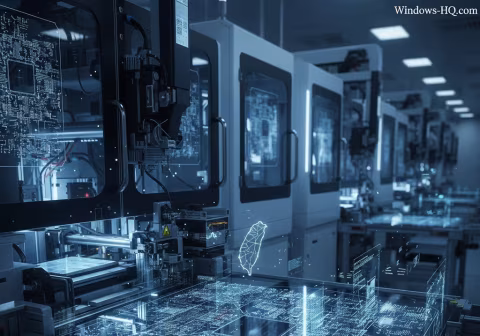 Industrial facility with automated robotic arms and digital interfaces displaying code and data.