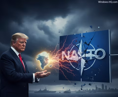 A man in a suit stands next to a blue panel with the letters NATO, surrounded by electricity, while a map of the globe is also visible.