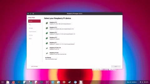 Screenshot of the Raspberry Pi Imager application interface, showing options for selecting a Raspberry Pi device.