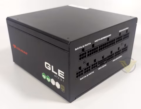 Black power supply unit (PSU) with visible brand name and ports.