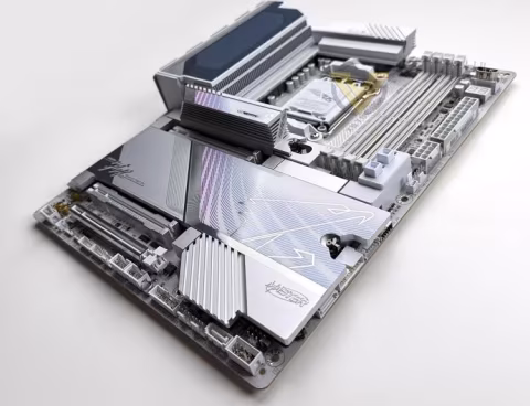 Close-up view of a printed circuit board (motherboard) with various ports and components.