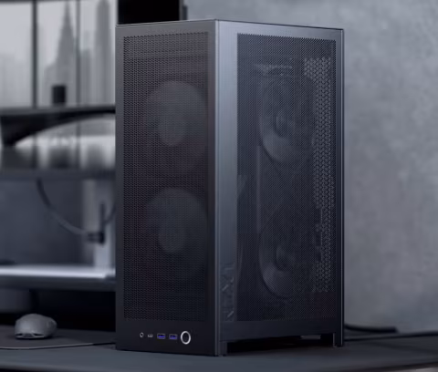 A tall, black computer speaker cabinet with mesh grilles on the front.