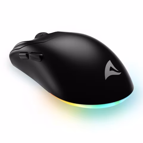 A black, ergonomic gaming mouse with side buttons and rainbow LED lighting, isolated on a white background.